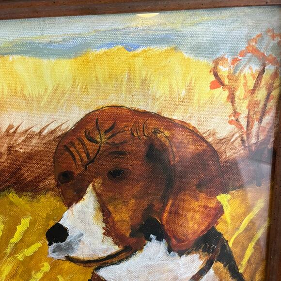 Vintage Rustic Beagle Foxhound Dog Original  Painting Signed Wood Frame - Picture 3 of 6